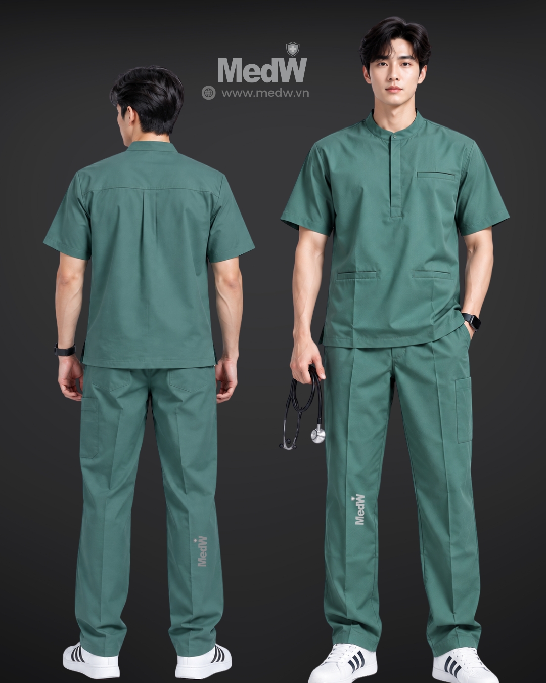 MedW Hepius Slate Green Scrubs Cổ Trụ Y Bác Sĩ Bộ Đồng Phục Y Tế Màu Xanh Trầm Khuynh Diệp