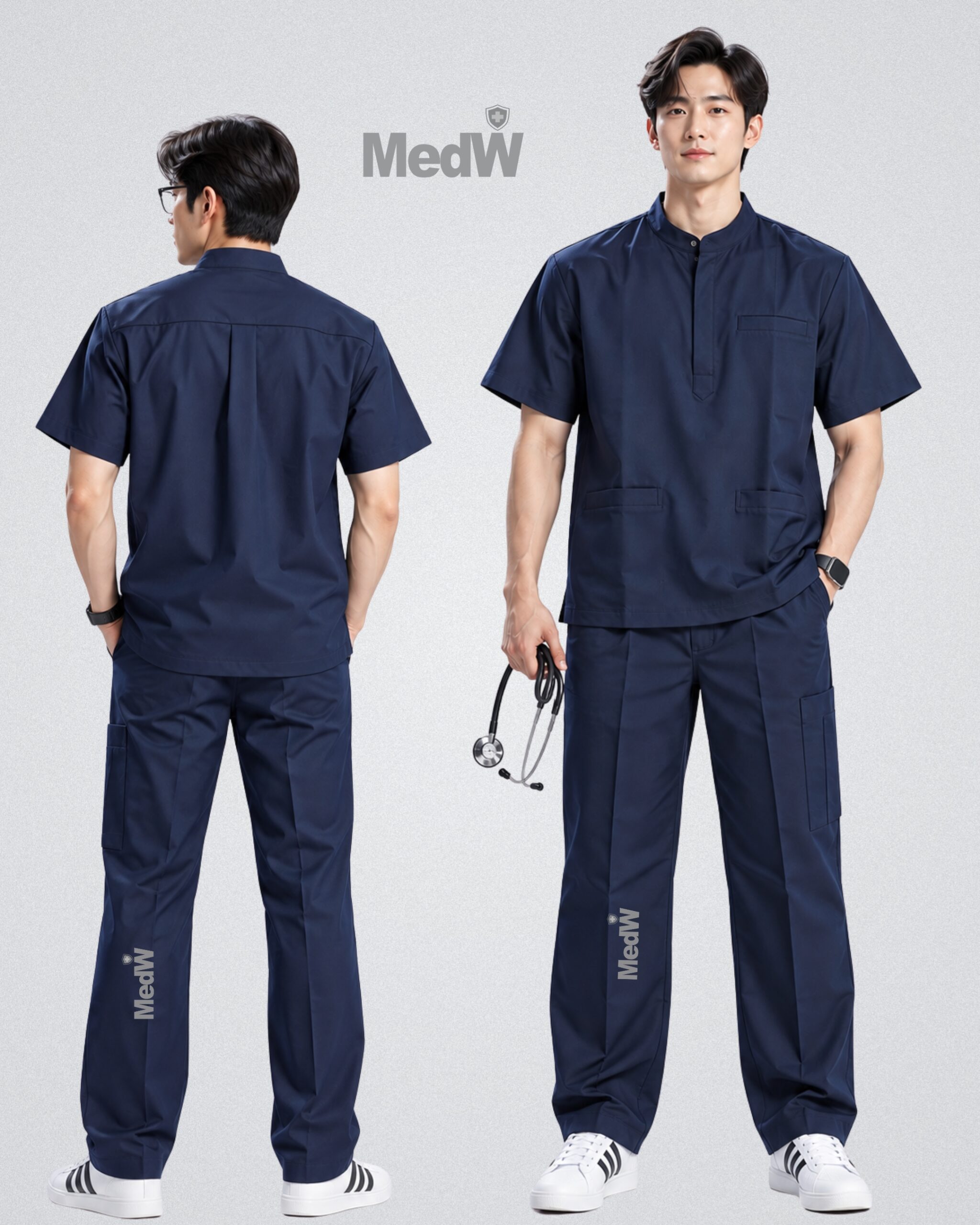 MedW Hepius Iris Navy Scrubs Nam Đồng Phục Y Tế Cổ Trụ Màu Xanh Than Navy